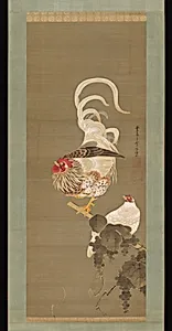 伊藤若沖筆　葡萄双鶏図|Hen and Rooster with Grapevine