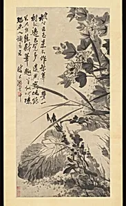 清 石濤 (朱若極) 花石圖 軸|Hibiscus, Lotus, and Rock