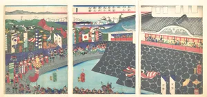 真柴秀吉公名護屋陣先手諸将繰出之図|Hideyoshi and His Troops Leaving Nagoya Camp (Mashiba Hideyoshi kō nagoya jin saki te no shoshō kuridashi no zu)