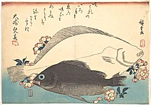 魚づくし　ひらめ　めばるに桜|Hirame and Mebaru Fish with Cherry Blossoms, from the series Uozukushi (Every Variety of Fish) by Utagawa Hiroshige