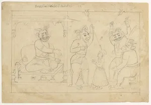 Hiranyakashipu commands his demon warriors to threaten and injure Prahlada. Preparatory drawing from the ‘Small Bhagavata Purana’ Series