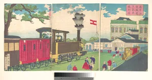 東京汐留鉄道蒸気車通行図|Illustration of a Steam Locomotive Passing Shiodome in Tokyo (Tōkyō Shiodome testudō jōkisha tsūkō zu)