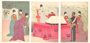 参謀本部行啓之図|Illustration of the Empress Visiting the General Staff Headquarters [to present a tray of bandages] (Sanbō honbu gyōkei no zu)