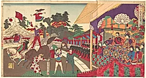 チャリネ大曲馬御遊覧ノ図|Illustration of the Imperial Excursion to see the Charini's Circus (Charine daikyokuba goyūran no zu) by Yōshū (Hashimoto) Chikanobu
