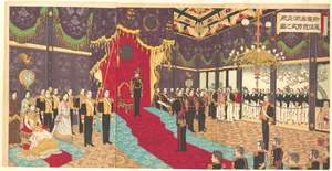新皇居於テ正殿憲法発布式之図|Illustration of the Issuing of the State Constitution in the State Chamber of the New Imperial Palace (Shin kōkyo ni oite seiden kenpō happushiki no zu)
