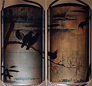 月下桜木鴉蒔絵印籠|Inrō with Crows on Cherry Tree in Moonlight