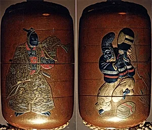 靭猿狂言蒔絵印籠|Inrō with Kyōgen Dancer with Quiver from “The Monkey Skin Quiver” (obverse); Dancer with Fan and Sword (reverse)