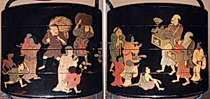 祭蒔絵印籠|Inrō with Street Festival (obverse); People Watching a Puppet Show (reverse) by Tatsuke Takamasu