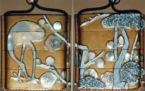光琳様式　梅鶴蒔絵螺鈿印籠|Inrō with Crane and Plum Tree