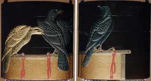 古満巨柳作 鷹蒔絵印籠|Inrō with Hawks on Perches