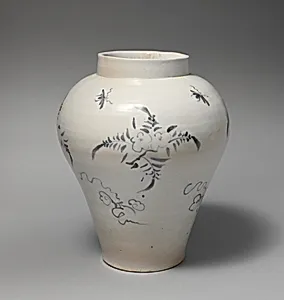 백자 청화 꽃 곤충 무늬 항아리 조선|白磁靑畫花蟲文壺 朝鮮|Jar decorated with flowers and insects