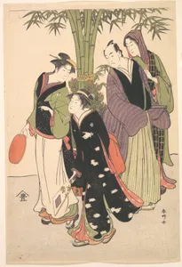 勝川春好画　三代目瀬川菊之丞・二代目市川門之助|Kabuki Actors Segawa Kikunojō III and Ichikawa Monnosuke II and Two Courtesans Celebrating the New Year