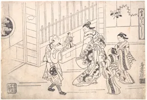 Kairaishi|The Actor Ichimura Takenojo VIII in the Role of a Puppeteer, showing Puppets to a Courtesan