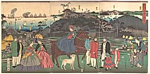 Kanagawa Gongenyama Gaikokujin yūran|Foreigners Visiting the Famous Site of Mt. Gongen in Kanagawa by Utagawa Yoshikazu
