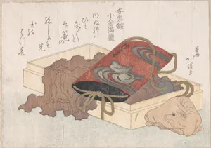 印籠と牛根付『春雨集』　摺物帖|Lacquer Inrō with Waterbirds and Ox-shaped Netsuke in a BoxFrom the Spring Rain Collection (Harusame shū), vol. 3