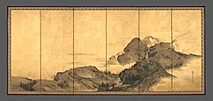 森周峰筆 楼閣山水図屏風|Landscape with Pavilion by Mori Shūhō