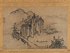 雪村周継筆　山水図|Landscape with Rocky Precipice