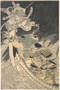 Minamoto Yoshitsune and His Retainer, the Monk Benkei, Putting to Flight the Ghost of Taira no Tomomori
