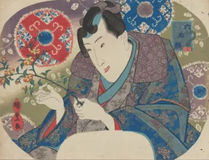 歌川国貞 （三代歌川豊国）画　「六玉顔」 山吹を持つ光氏|Mitsuuji with Mountain Roses (Yamabuki), from the series “Six Jewel Faces” (Mu tama-gao)
