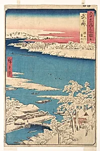 六十余州名所図会　武蔵　隅田川　雪の朝|Morning after a Snowfall, the Sumida River, Musashi Province, from the series Views of Famous Places in the Sixty-Odd Provinces by Utagawa Hiroshige