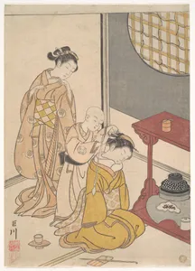 Night Rain at the Double-Shelf Stand, from the series Eight Parlor Views (Zashiki hakkei)