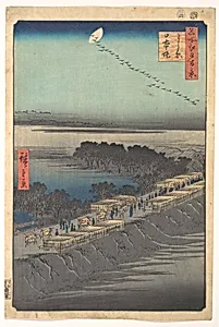 「名所江戸百景　よし原 日本堤」|“Nihon Embankment at Yoshiwara,” from the series One Hundred Famous Views of Edo (Meisho Edo hyakkei, Yoshiwara, Nihonzutsumi) by Utagawa Hiroshige