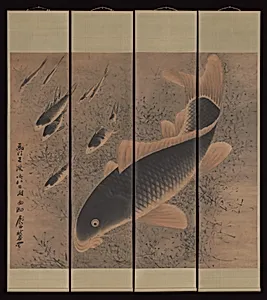清　龔谷　躍鯉圖　四條屏|Nine carp by Gong Gu
