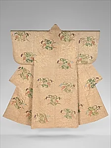 薄茶綾地唐松琴柱南天黍模様縫箔|Noh Costume (Nuihaku) with Millet and Nandina Berries on a Background of Pine Branches and Zither Bridges by Unknown Artist