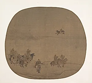 南宋　傳陳居中　胡騎春獵圖　團扇|Nomads hunting with falcons by Chen Juzhong