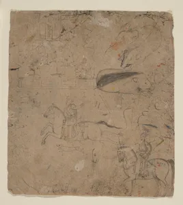 Page from a Sketchbook Showing Rulers on Horseback, Boars, and a Palace Scene