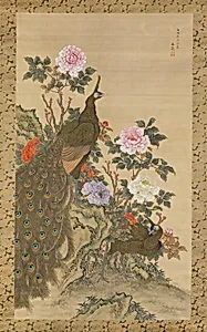 牡丹に孔雀図|Peacocks and Peonies