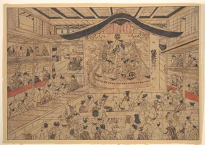 浮絵　「紋尽名古屋曽我」|Perpsective View (uki-e) of a Kabuki Theatre, with a Performance of The Crest Patterns of the Soga Brothers and Nagoya Sanza (Mon-zukushi Nagoya Soga)