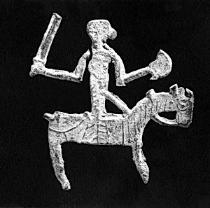六朝 鉛騎馬人牌飾|Plaque in the shape of a horse and rider