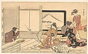 喜多川歌麿画　『男踏歌』　鶯の餌すり|“Preparing Food for the Warbler,” from the album Men’s Stamping Dance (Otoko dōka, uguisu no esa suri) by Kitagawa Utamaro