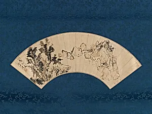 青木木米筆 山中喫茶図扇面|Preparing Tea by a Mountain Gorge