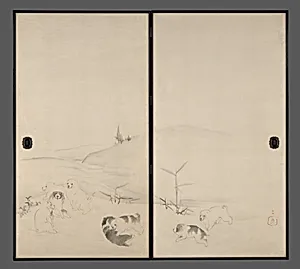 長澤蘆雪筆　雪中狗子図襖|Puppies in the Snow