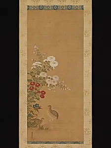 秋の花に鶉図|Quail and Autumn Flowers
