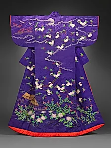 紫綸子地雲月雁桜萩菊模様小袖|Robe (kosode) with landscape and seasonal flowers