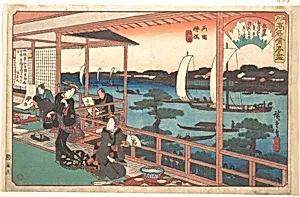Ryogoku Yanagibashi (Kawachiya)|江戸高名会亭尽　両国柳橋　河内屋|Tea-house at the Willow Bridge by Utagawa Hiroshige