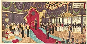 Shinkokyo Oite Seiden Kempo Happu no zu|View of the Issuance of the State Constitution in the State Chamber of the New Imperial Palace
