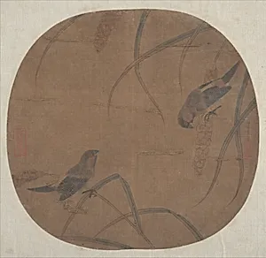 明/清　佚名　李安忠(僞款)　 高粱雙雀圖　團扇|Sparrows and Millet
