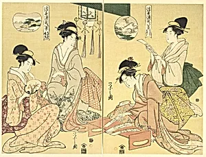 鳥文斎栄之画　「浮世源氏八景 幻　落雁 薄雲　晴嵐」|Spirit Summoner; Wild Geese Returning Home (Maboroshi; Rakugan) (right) and A Thin Veil of Clouds; Clearing Weather (Usugumo; Seiran) (left), from the series Eight Views of The Tale of Genji in the Floating World (Ukiyo Genji hakkei)
