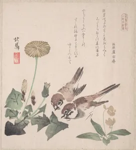 摺物帖　『春雨集』　『花鳥六番之内　下野宇都宮』　タンポポに雀|Spring Rain Collection (Harusame shū), vol. 3: Sparrows and Dandelions