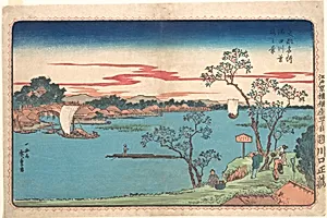 Sumidagawa, hazakura no kei|東都名所　隅田川葉桜之景|A View of Cherry Trees in Leaf along the Sumida River by Utagawa Hiroshige