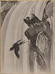 滝に燕図|Swallows by a Waterfall