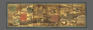 土佐派絵師 源氏物語図色紙貼交屏風|Tale of Genji Screen (Genji monogatari zu shikishi harimaze byōbu)