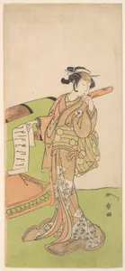 The Actor Iwai Hanshiro IV in Female Role, Standing Beside a Litter