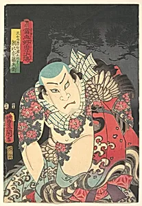 当世好男子伝」松　「花和尚魯智深に比す朝比奈藤兵衛」|The Actor Nakamura Fukusuke I as Asahina Tōbei, likened to Lu Zhishen the Tattooed Priest (Kaoshō Rochishin ni hisu), from the “Pine” triptych of the series A Modern Water Margin (Tōsei suikoden) by Utagawa Kunisada 歌川国貞