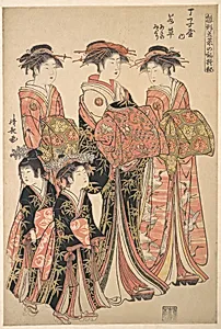 鳥居清長画　「雛形若菜の初模様　丁子屋の若草・ あさの・みどり」|The Courtesan Wakakusa of the Chōjiya Brothel, and Attendants Asano and Midori, from the series “A Pattern Book of the Year’s First Designs, Fresh as Spring Herbs” (Hinagata wakana no hatsumoyō) by Torii Kiyonaga