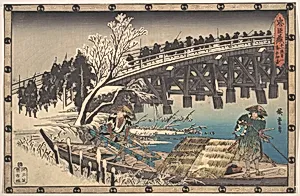 忠臣蔵　十一段目　夜打　押寄|The Loyal Ronin Crossing the Long Bridge to Embark for the Night Attack upon Moronao by Utagawa Hiroshige